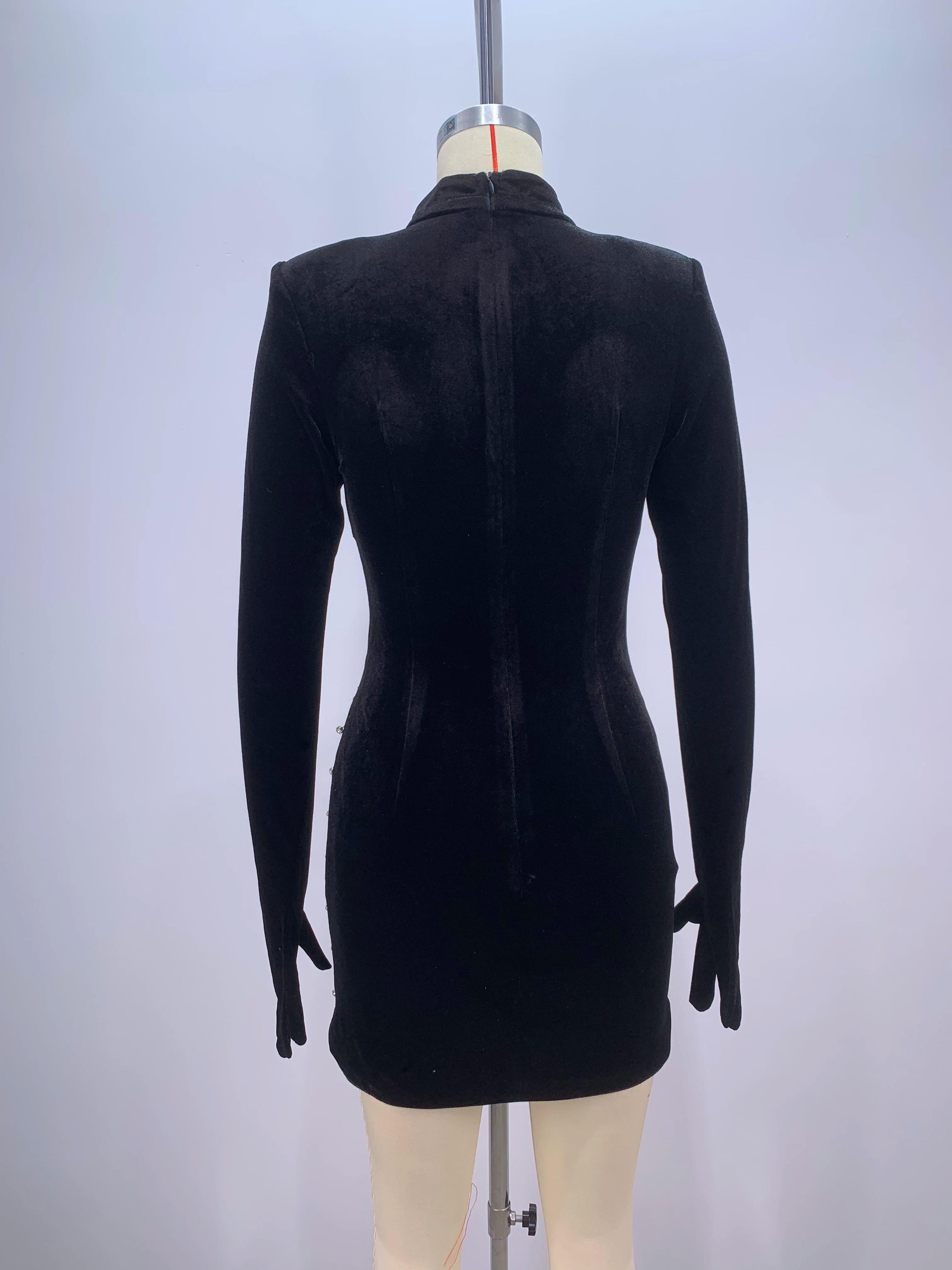 Fashion Women Long Sleeve Gloves Velvet Bodycon Mini Dress Sparkly Crystal Fashion Nightclub Party Cocktail Dress