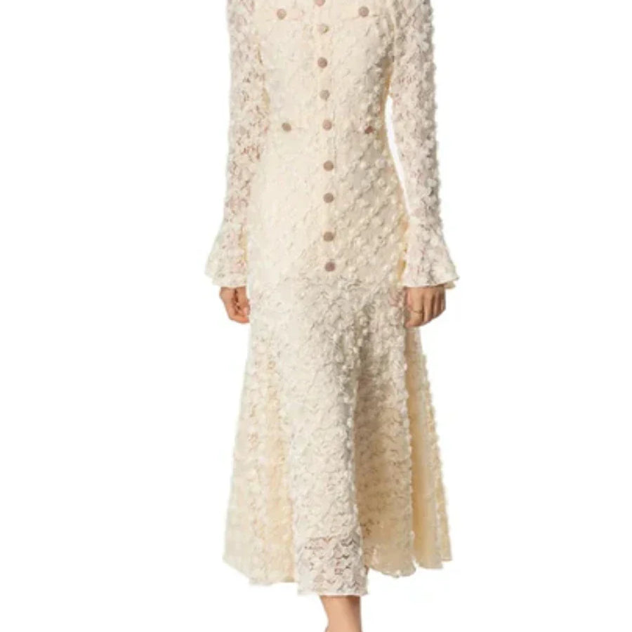 Solid Slimming Spliced Appliques Dresses for Women Round Neck Long Sleeves Patchwork Single Breasted Dress Female
