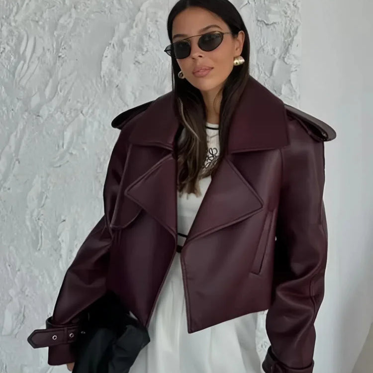 Fashion Burgundy Lapel Leather Jackets For Women Casual Loose Pockets Long Sleeve Coats Autumn Lady High Street Outerwear