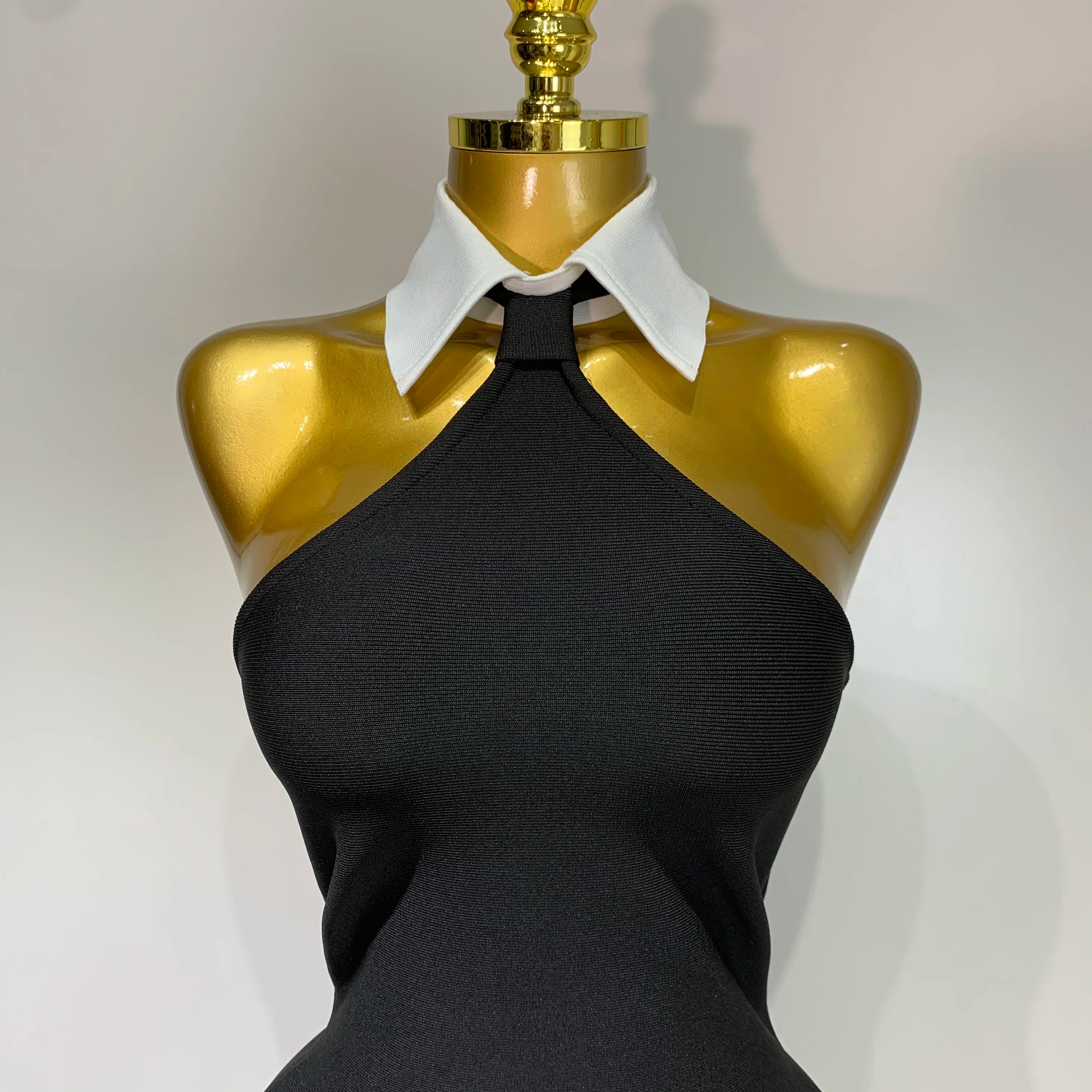 Women Sexy Backless White Shirt Collar Black Mini Bodycon Bandage Dress 2025 Elegant Evening Club Party Luxury Birthday Dresses