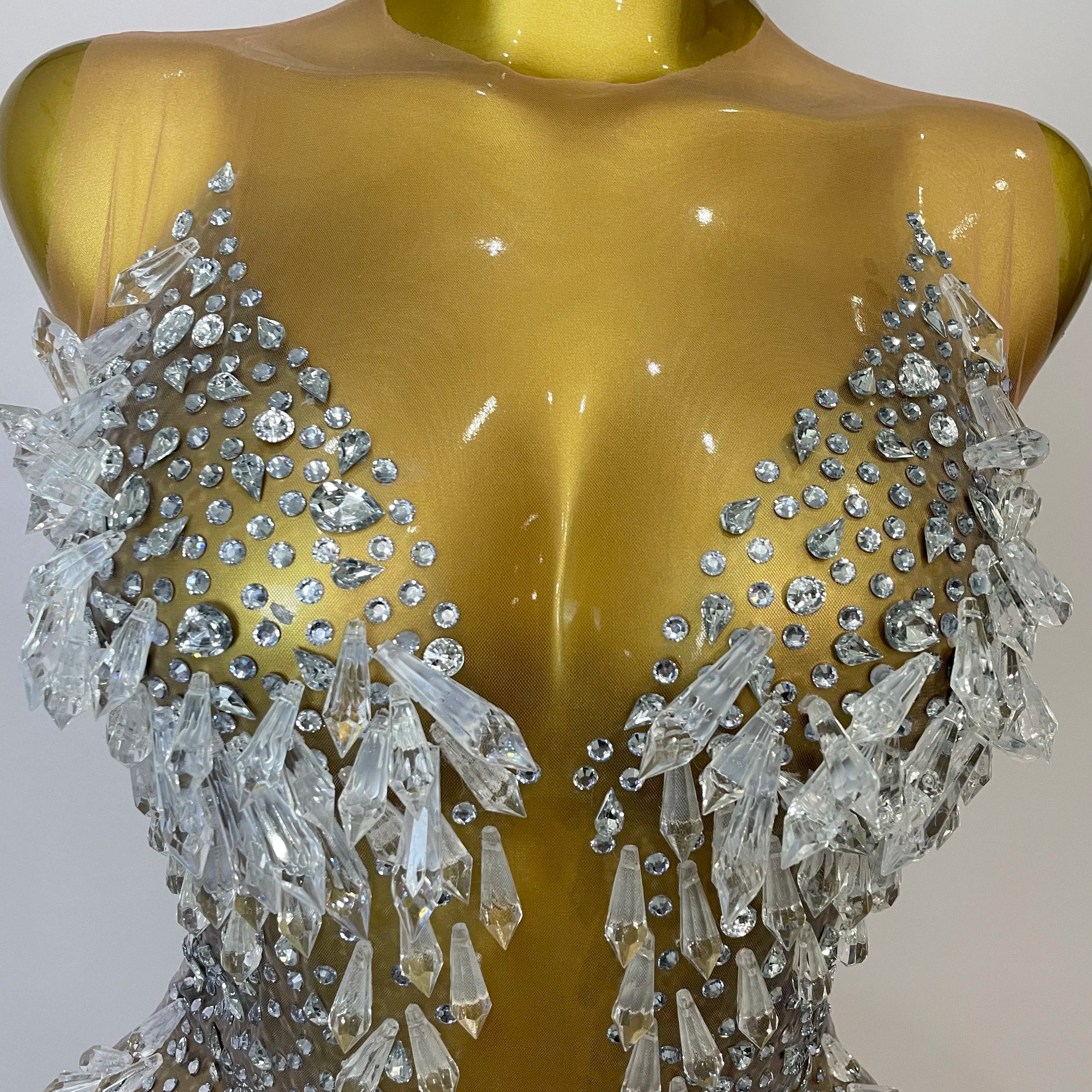 Stock 2025Women Luxury Sexy Mesh Crystal Diamonds Mini Dress Birthday Party Costume Nightclub Stage Performance Singer Outfit