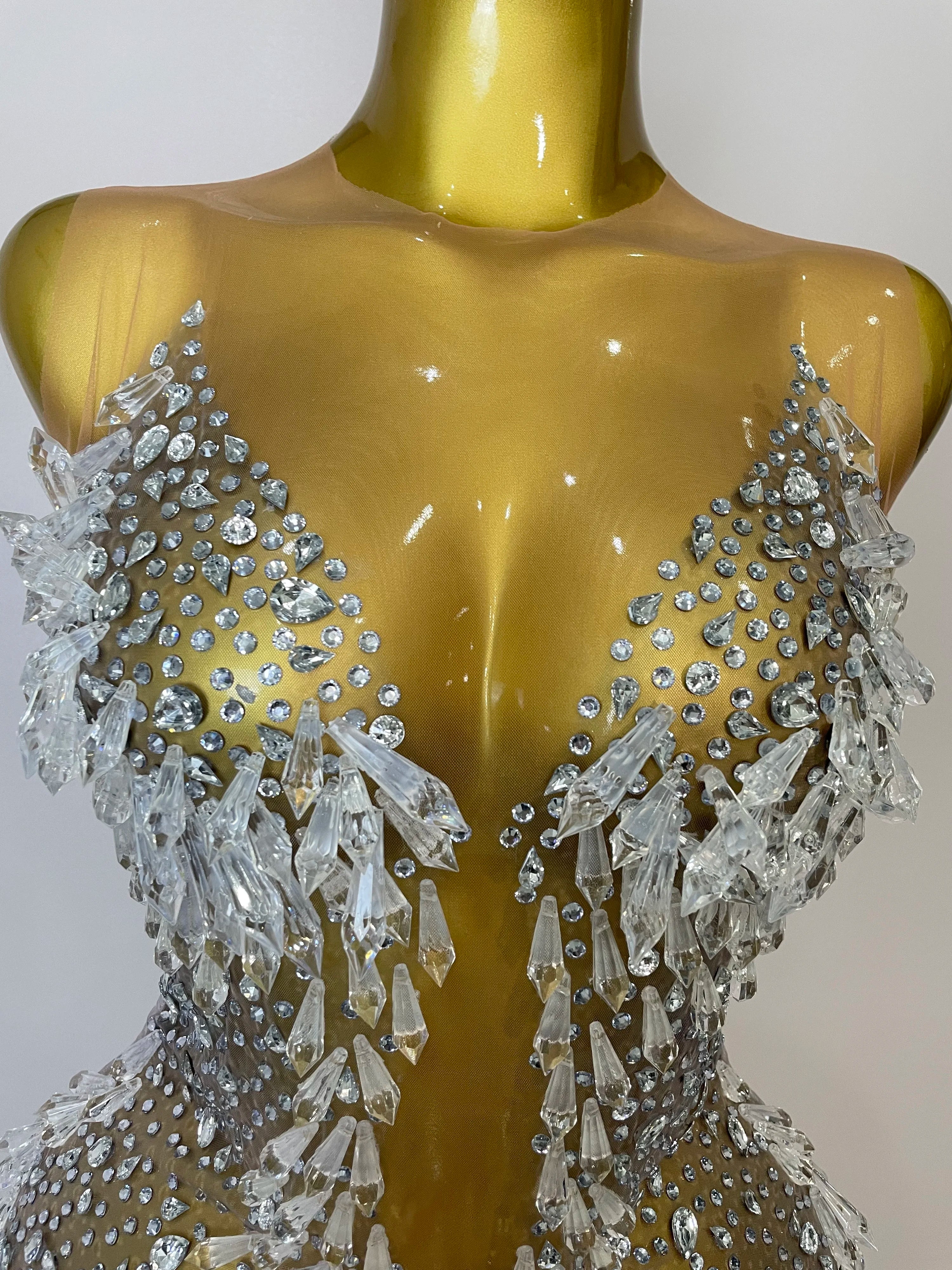 Stock 2025Women Luxury Sexy Mesh Crystal Diamonds Mini Dress Birthday Party Costume Nightclub Stage Performance Singer Outfit