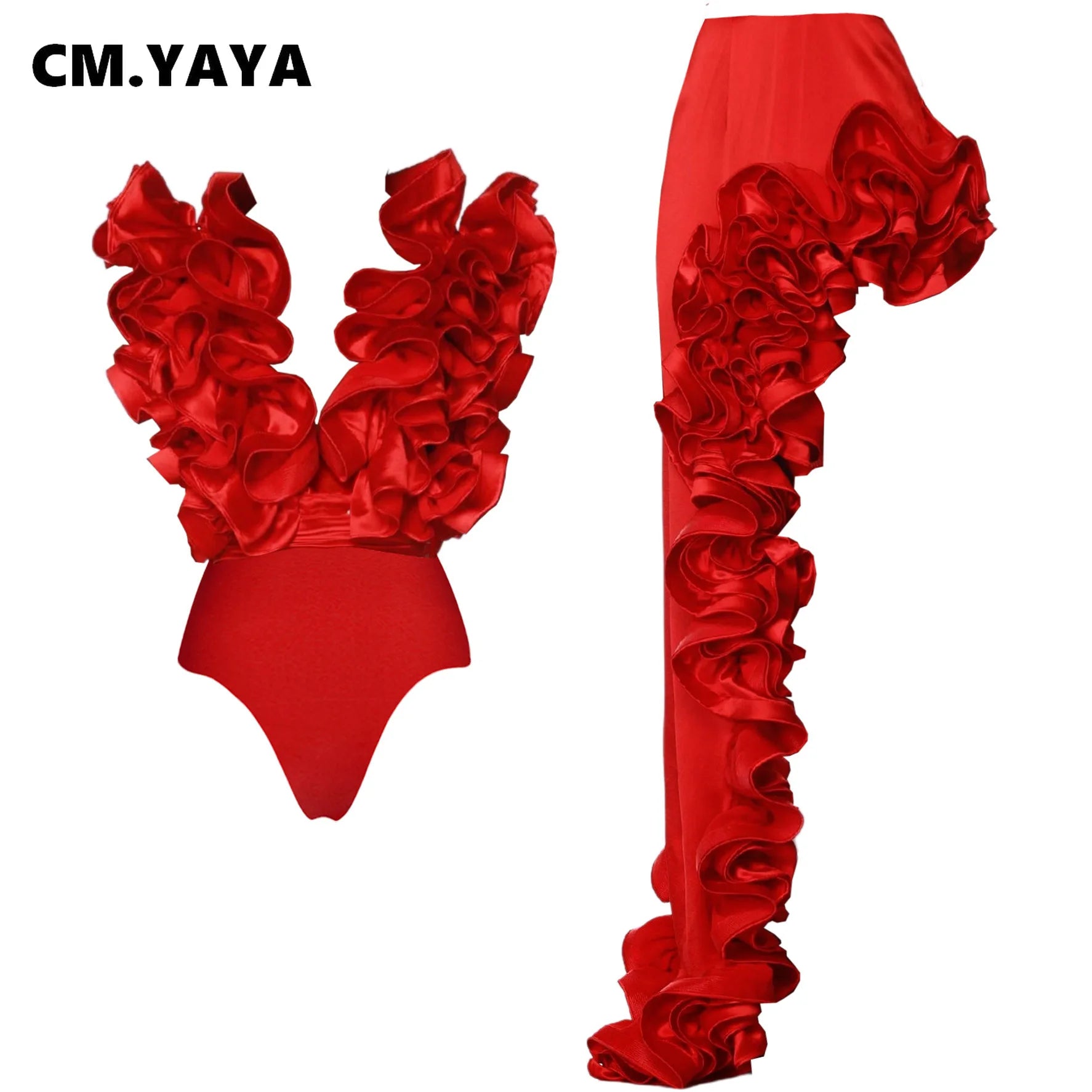CM.YAYA Women Sets Streetwear 2 Two-piece Suits Sexy Beach Holiday Ruffles Asymmetrical V-neck Bodysuit+Long Skirts Bikinis Sets