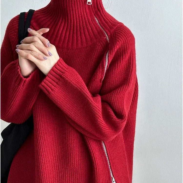 Women's Turtleneck Zipper Oversize Fashion Women Sweaters Autumn Knitwears Loose Thick Warm High Neck Solid Pullovers Women