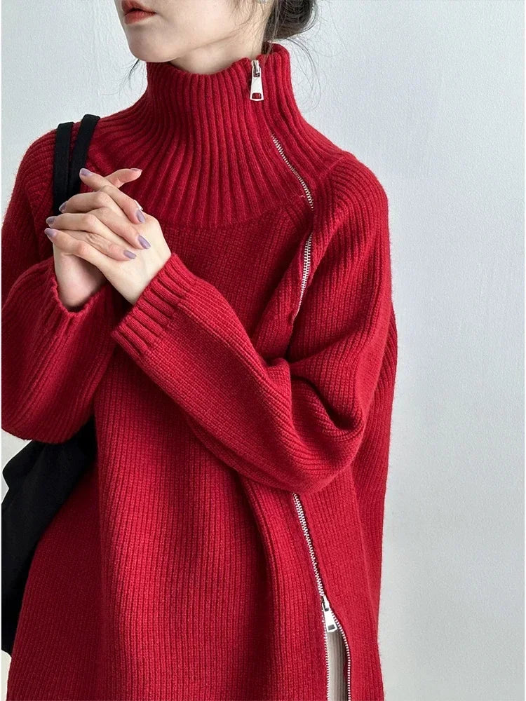 Women's Turtleneck Zipper Oversize Fashion Women Sweaters Autumn Knitwears Loose Thick Warm High Neck Solid Pullovers Women