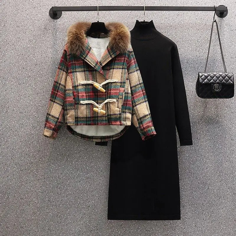 Winter New Korean Style Plush Thickened Plush Neck Jacket Knitted Dress Two Piece Elegant Women's Dress Set