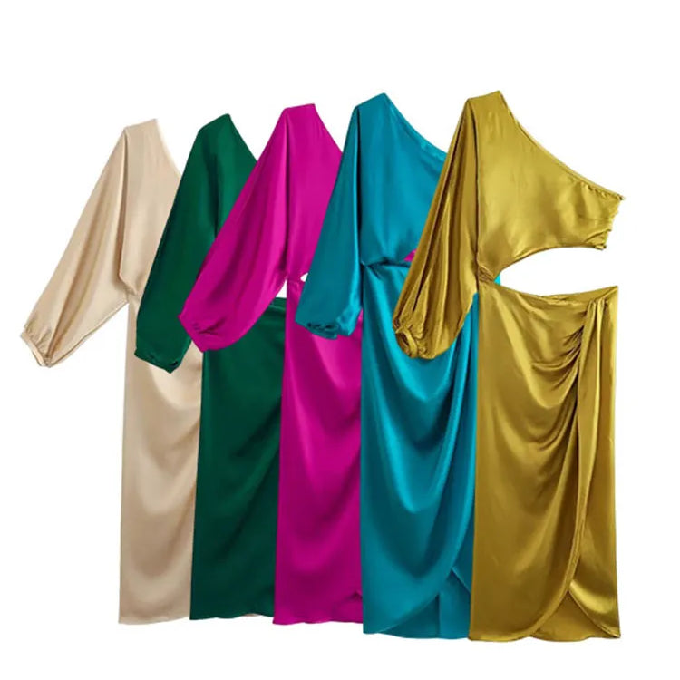 Dress For Women Yellow Asymmetric Satin Cut Out Long Dress Women Ruched Off Shoulder Elegant Dresses Evening Party Dresse
