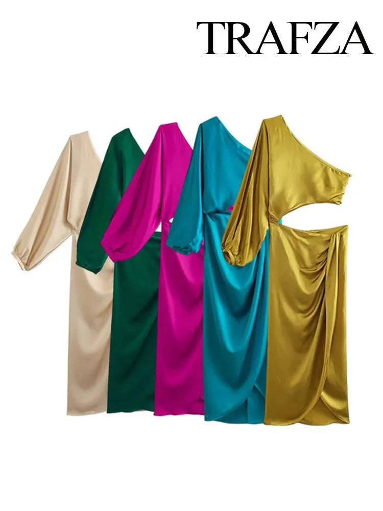 Dress For Women Yellow Asymmetric Satin Cut Out Long Dress Women Ruched Off Shoulder Elegant Dresses Evening Party Dresse