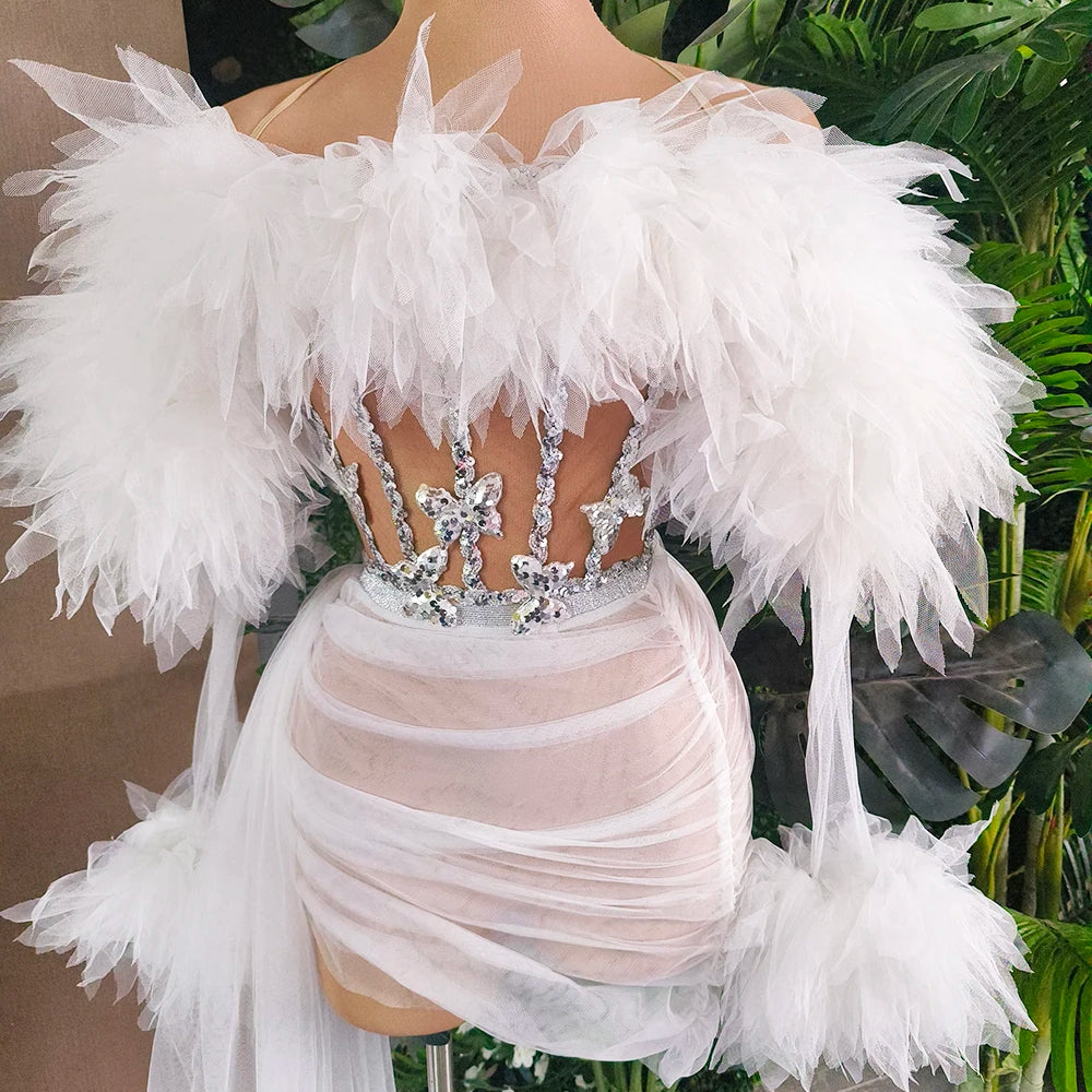 White Purple Women Sexy Mesh Ruffles 2 Pieces Bodycon Mini Dress See Through Celebrate Nightclub Party Bar Singer Stage Wear