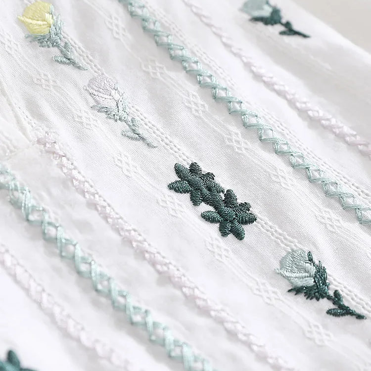 Cotton Short Sleeve Shirt Women Female Summer Tops Straight Floral Embroidery Ladies French Shirts & Blouses