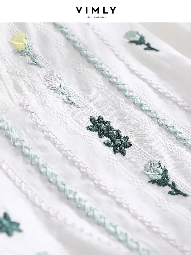 Cotton Short Sleeve Shirt Women Female Summer Tops Straight Floral Embroidery Ladies French Shirts & Blouses