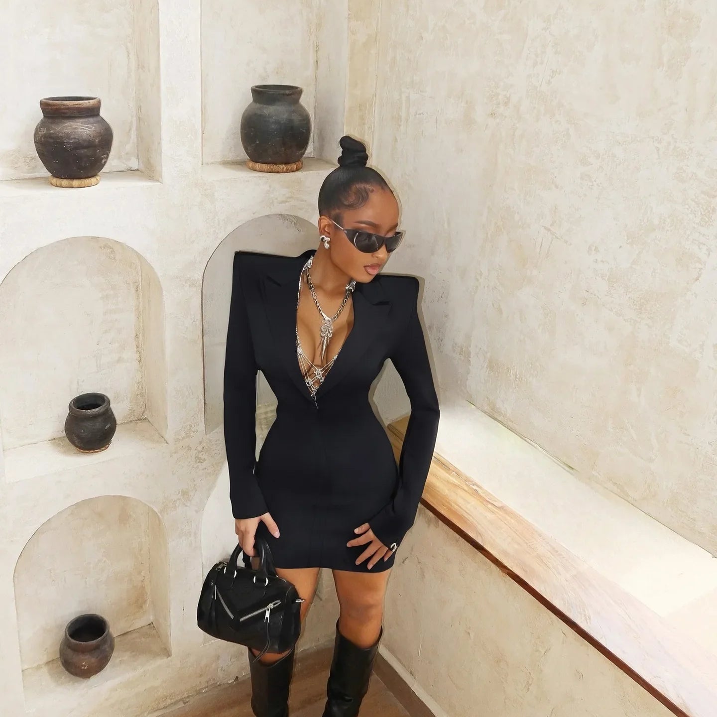 Women Long Sleeve Deep V-Neck Bodycon Mini Bandage Dress Celebrate Evening Party Nigthclub Birthday Outift