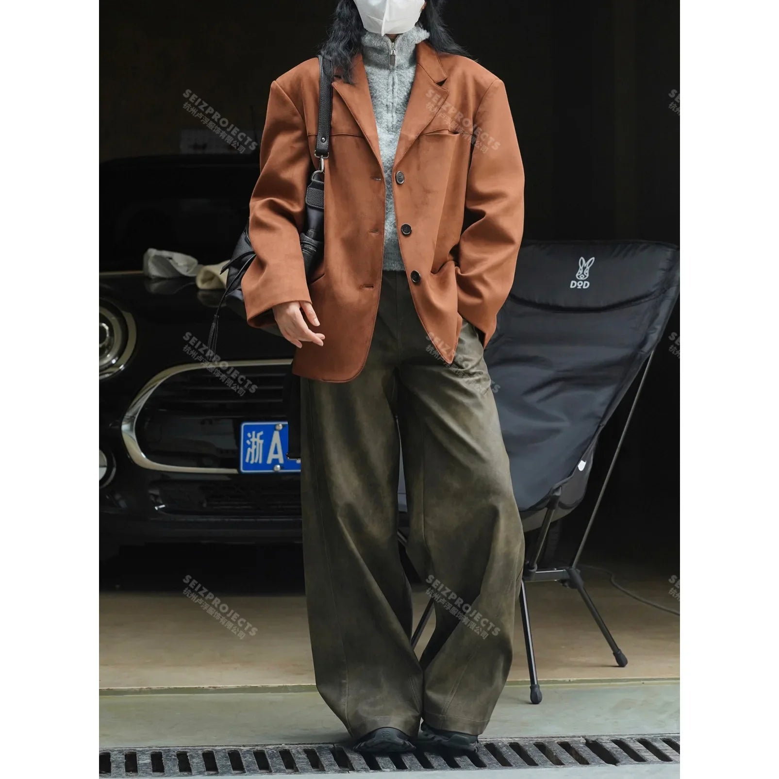 Winter Curved Pocket Oversized Blazer Suede Jacket Brown Green Loose Straight Coat For Women