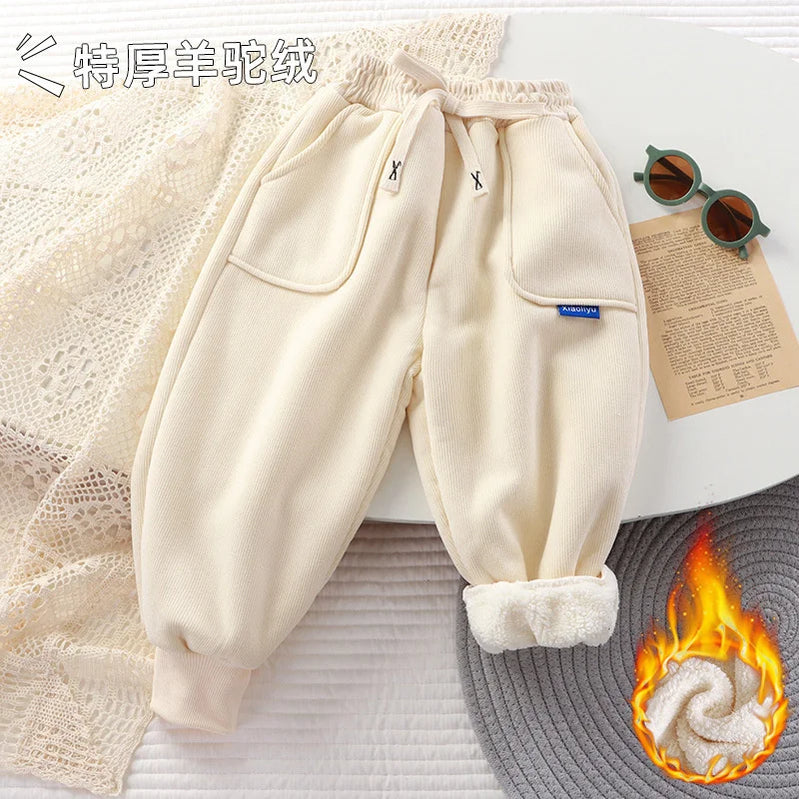 Kids Paded Pants Boys Girl Autumn Winter Plus Velvet Thick Warm Trousers Corduroy Outer Wear Sport Casual Pants Children Clothes White