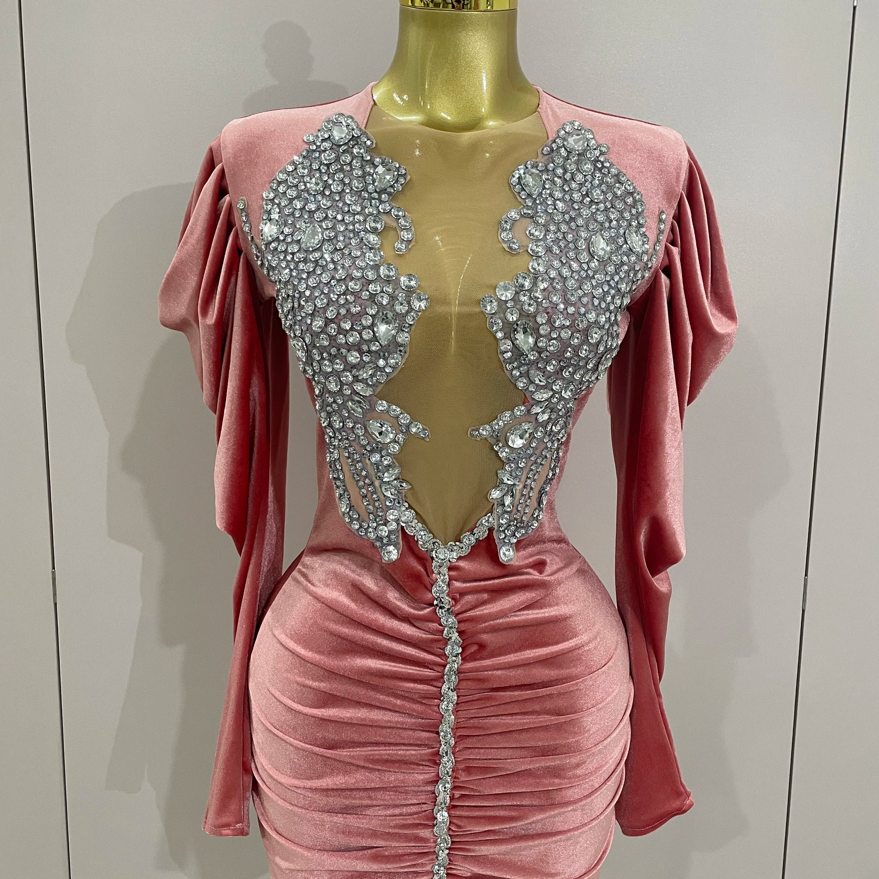 Luxury Sparkly Crystals Sexy Mesh White Velvet Short Dress 2025 Women Elegant Evening Prom Birthday Party Dresses Stage Costume