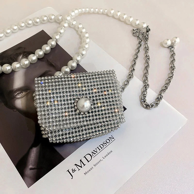 Fashion Rhinestones Pearl Chain Belt Cute Mini Bags for Women Quality Long Tassel Belt Bag Shoulder Messenger Bag
