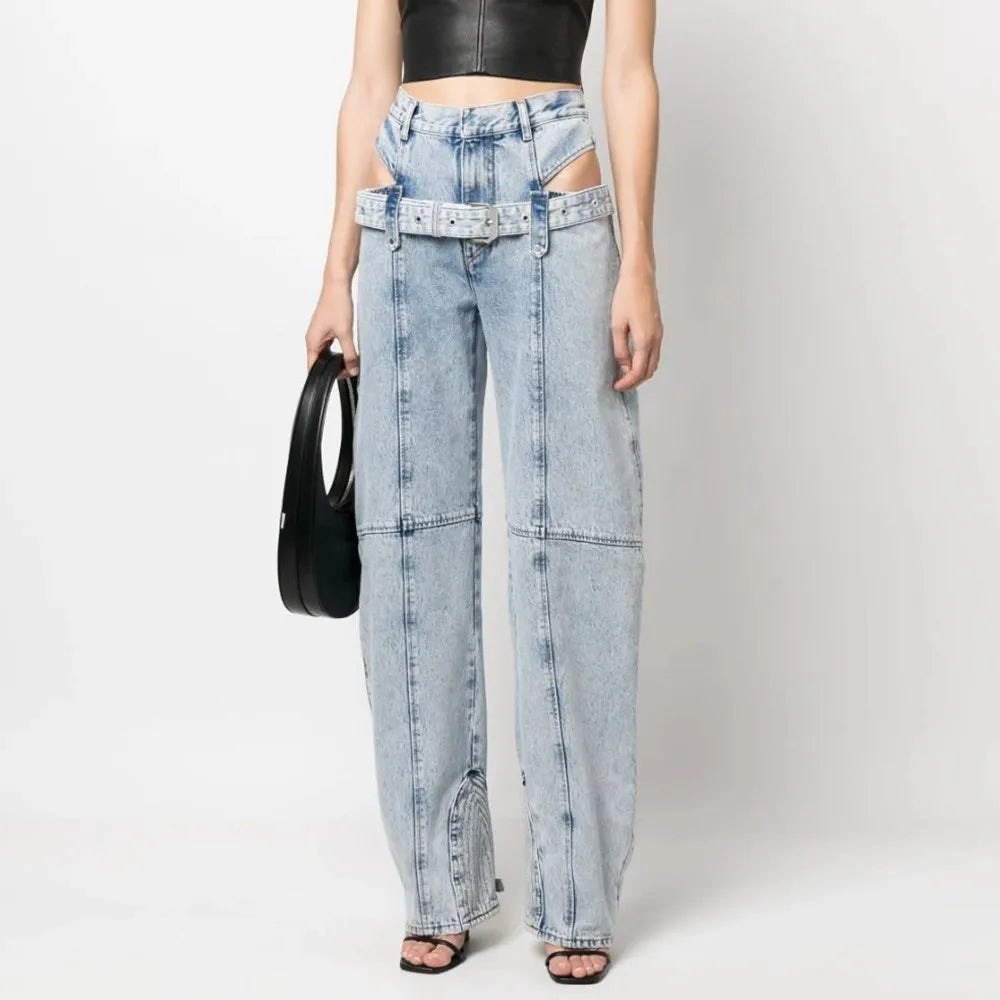 TWOTWINSTYLE Casual Cut Out Denim Trousers For Women High Waist Patchwork Belt Vintage Streetwear Jean Female Fashion Clothing