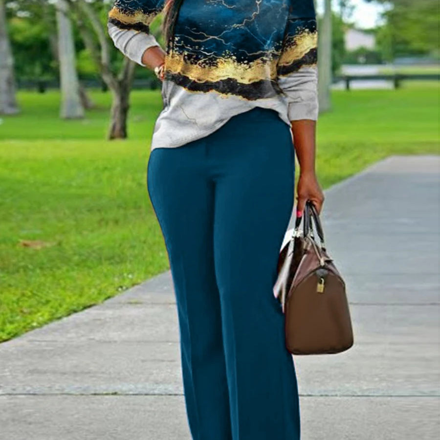 LW Plus Size V Neck Mixed Print Side Split Pants Set Casual Long Sleeve Top Fashion Loose Two Piece Set Outfit