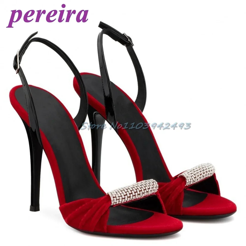 Red Rhinestones Velvet Heeled Sandals Shallow Back Strap High Heels Slip On Women Luxury Designer Shoes 2025 Open Toe Zapatos