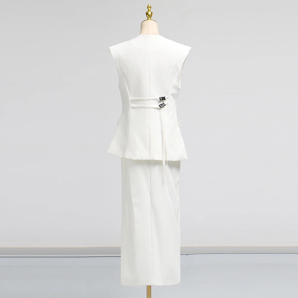 TWOTWINSTYLE Solid Spliced 3D Flower Two Piece Sets for Women V Neck Sleeveless Top High Waist Split Skirt Elegant Set Female