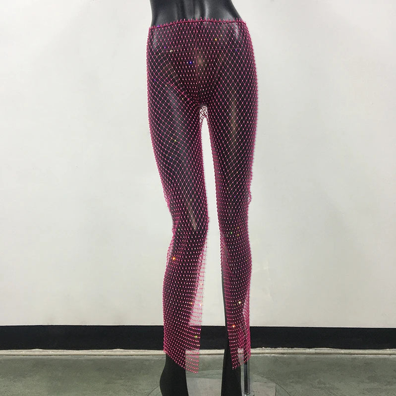Bling Rhinestone See Through Fishnet Trousers For Women Sexy Mesh Hollow Out Side Split Long Bottoms Pants Club Party Trousers Rose Red One Size