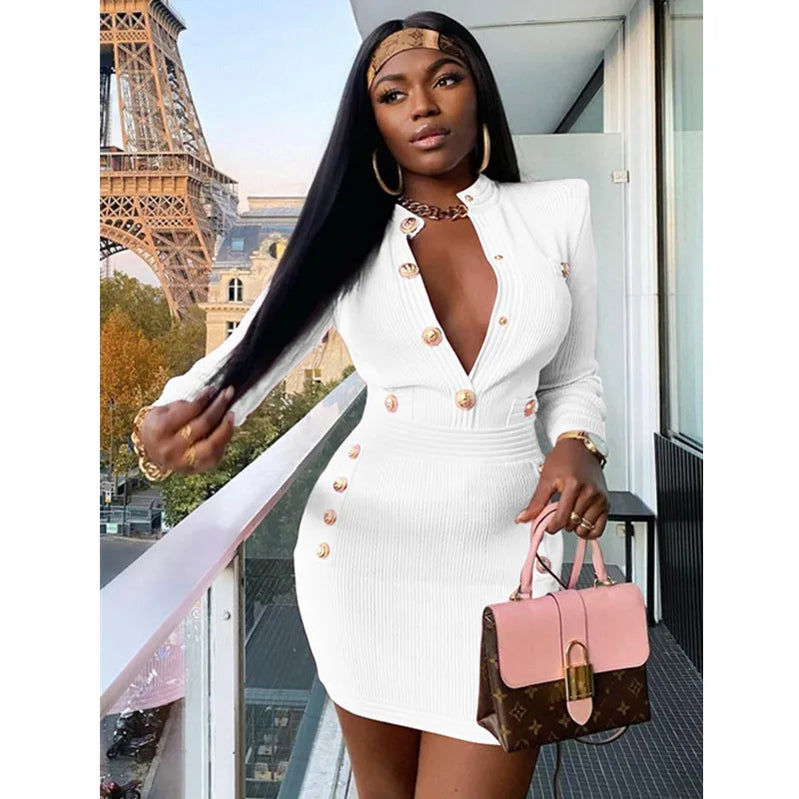 Winter Style Sexy Long Sleeve Key Hole Button Pink Mini Women Bodycon Bandage Dress Elegant Evening Club Party Dress WHITE
