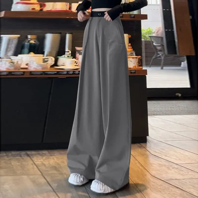 Women Pleating Pantalons Korean High Waist Pants Vintage Wide Leg Long Trouser Casual Loose Colorblock Streetwear Pants GRAY