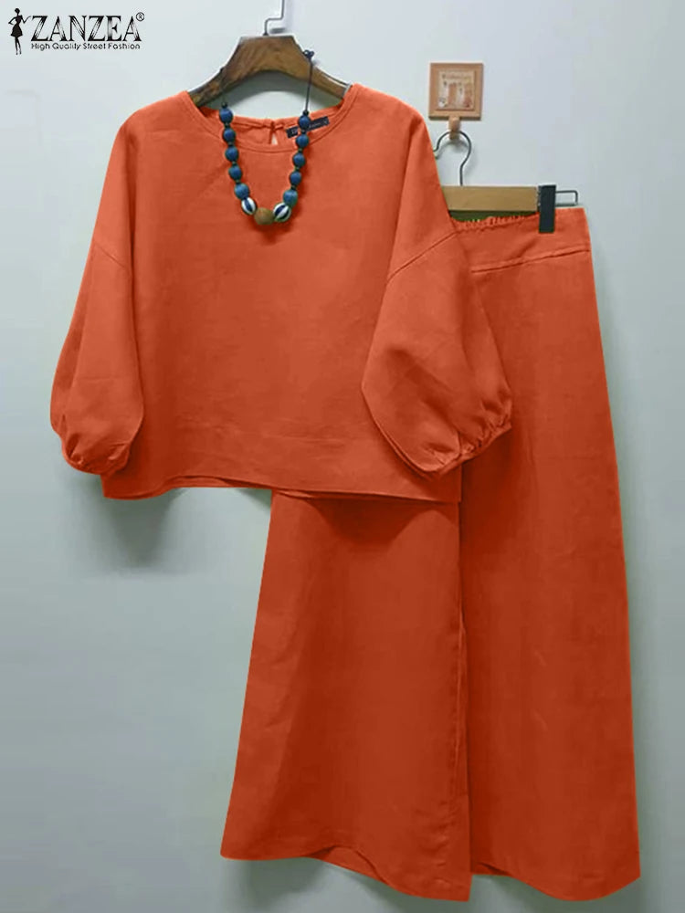 Summer Matching Sets 2PCS Women Urban Tracksuits 3/4 Sleeve O Neck Blouse & Wide Leg Pant Sets Holiday Suit Outfits