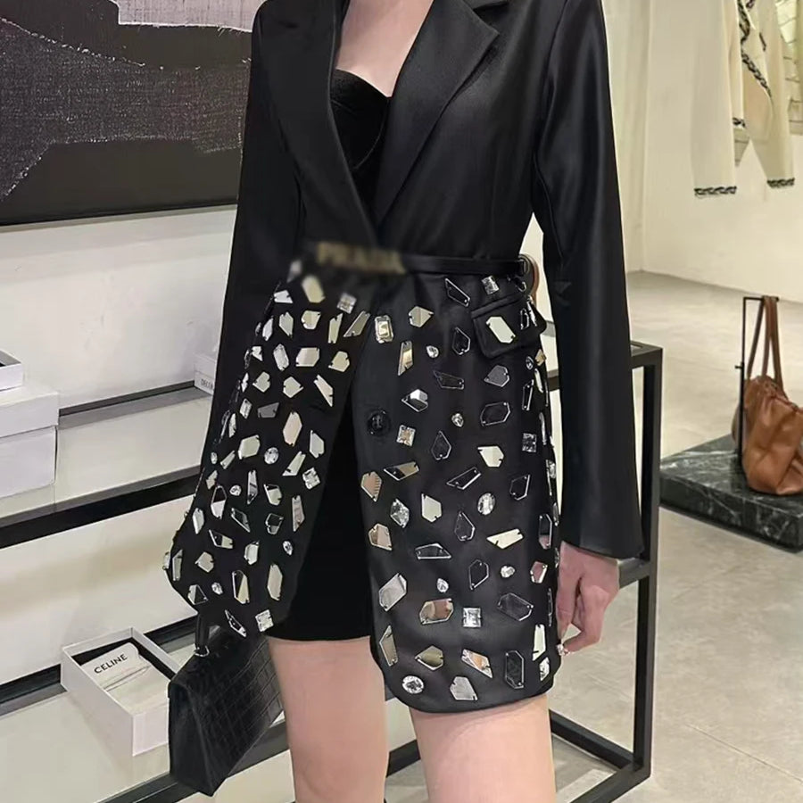 TWOTWINSTYLE Spliced Diamonds Luxurious Jackets for Women Lapel Long Sleeves Patchwork Single Breasted Fashion Jacket Female New