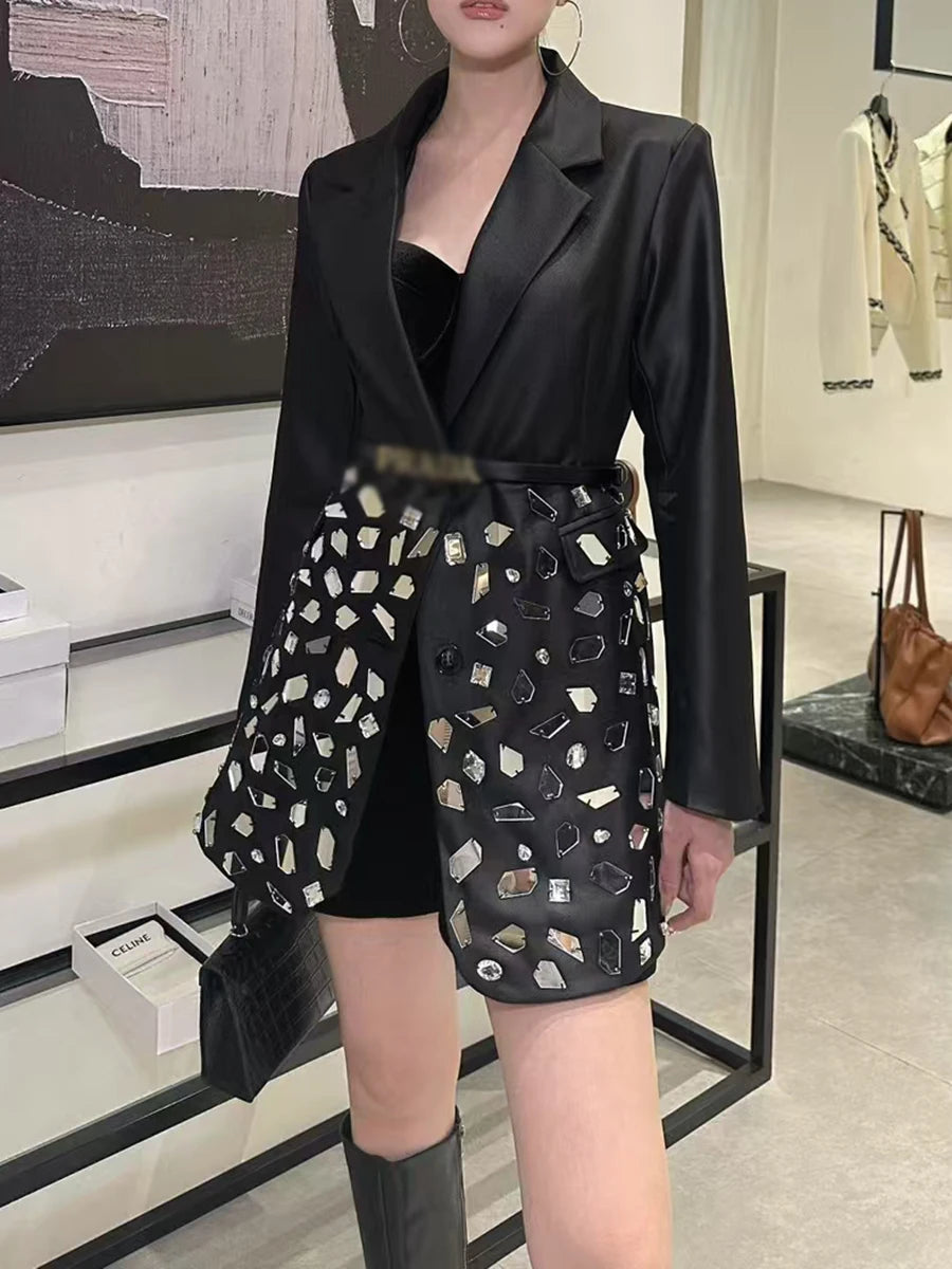 TWOTWINSTYLE Spliced Diamonds Luxurious Jackets for Women Lapel Long Sleeves Patchwork Single Breasted Fashion Jacket Female New