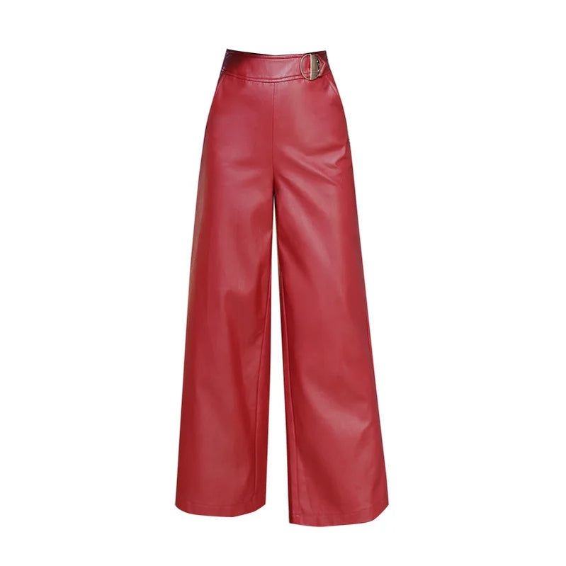 Wide leg pants capirs women 2022 winter warm PU leather pants female trousers OL office formal casual pants woman clothes wine red