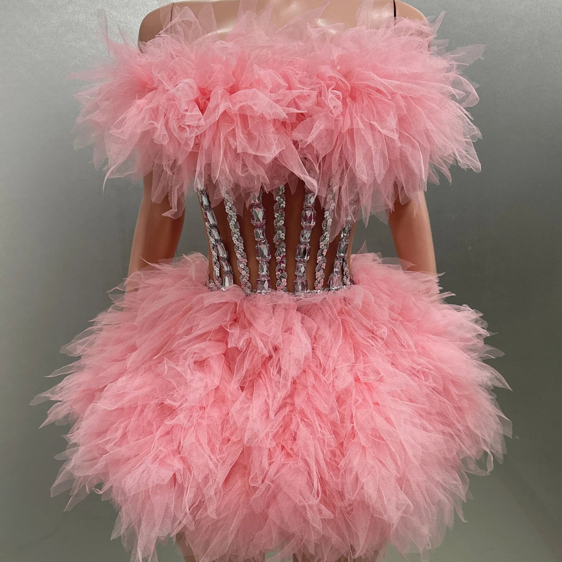 Hot Sale Women Sexy Mesh Ruffles Ball Gown Mini 2 Pieces Dress Lace-up Crystal Birthday Party Celebrate Nightclub Wear