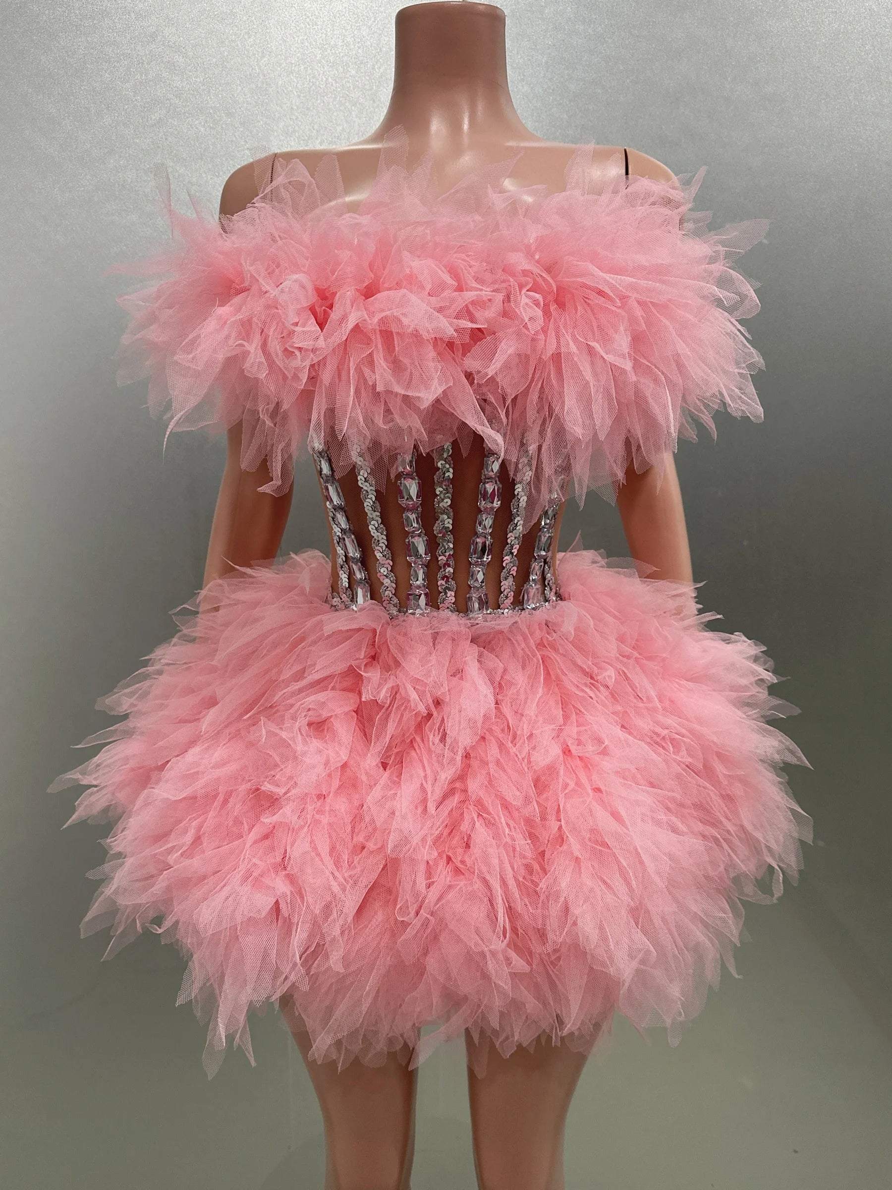 Hot Sale Women Sexy Mesh Ruffles Ball Gown Mini 2 Pieces Dress Lace-up Crystal Birthday Party Celebrate Nightclub Wear