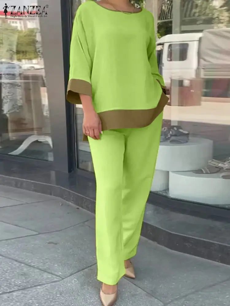 Fashion Women Casual Elegant Pants Sets Spring Summer Loose Outfits Oversized Lady Holiday Solid Patchwork Tracksuit green