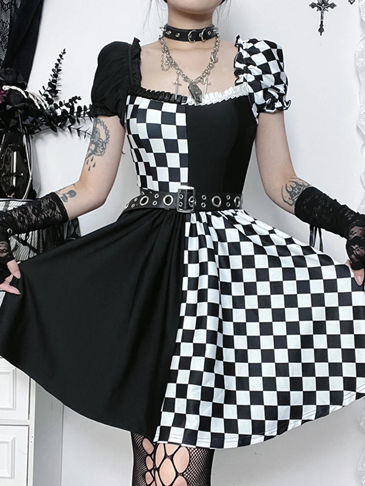 Vintage Folds A Line Swing Dress Women's Plaid Color Block Ruffle Mini Dress Short Sleeve Collar Flared Short Dresses