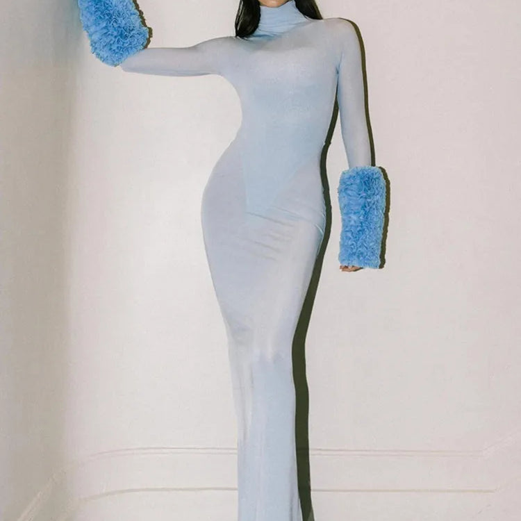 Women Celebrity Sexy Long Sleeve Mesh Sky Blue Maxi Long Bodycon Dress 2024 Elegant Evening Club Party Outfit