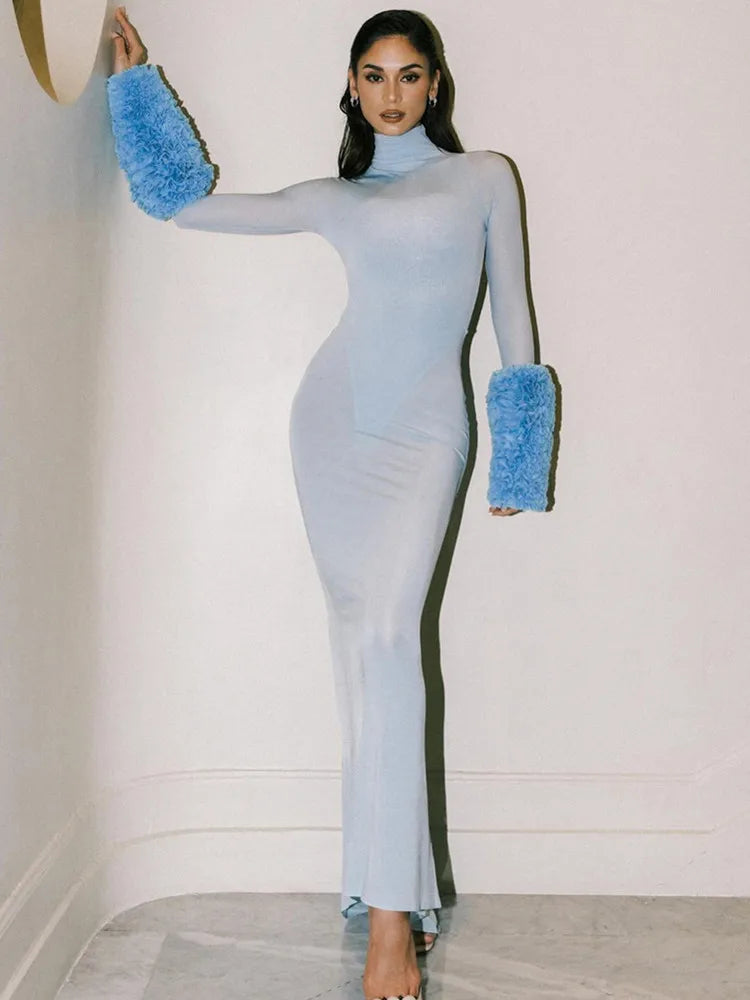 Women Celebrity Sexy Long Sleeve Mesh Sky Blue Maxi Long Bodycon Dress 2024 Elegant Evening Club Party Outfit