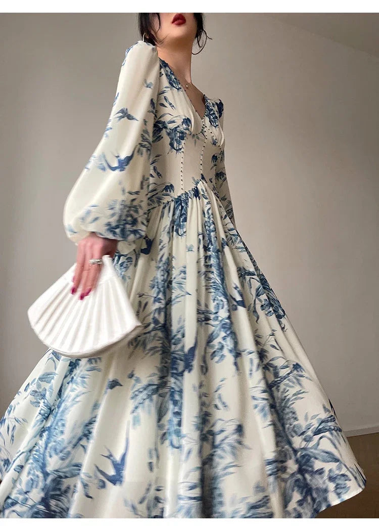 French Summer Midi Fashion Floral Beading High Waist A Line Party Dresses Women Vintage Elegant Lantern Sleeve Chic Casual Dress