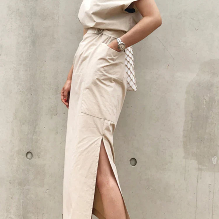 TWOTWINSTYLE Asymmetrical Sashes Dress For Women Slash Neck Short Sleeve High Waist Casual Dresses Female Fashion New Clothing