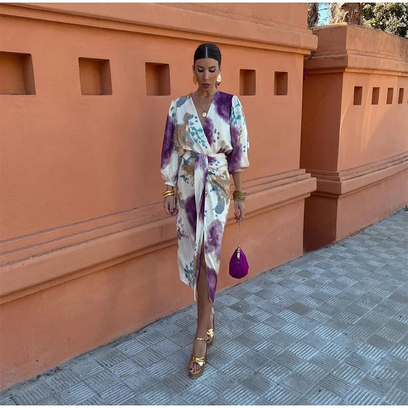 Women Skirt Fashion Stain Print Skirt Set Chic Cross V Neck Long Sleeves Shirt Slit Midi Skirts Suit Lady Fashion Outfits