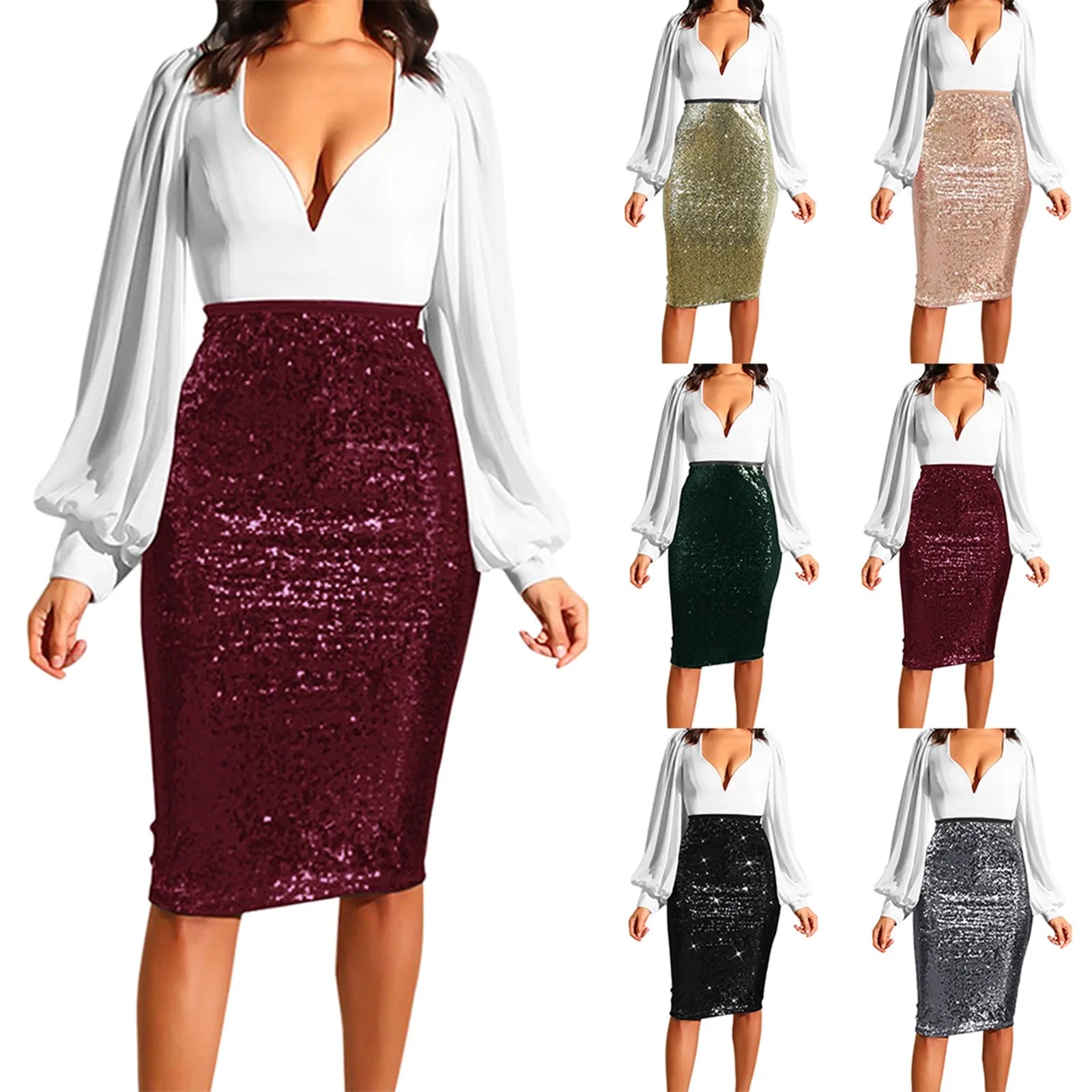 Sexy Shiny Sequin Skirt Women High Waist Glitter Gold Silver Stretchy Pencil Skirts Ladies Knee Length Party Club Midi Skirt