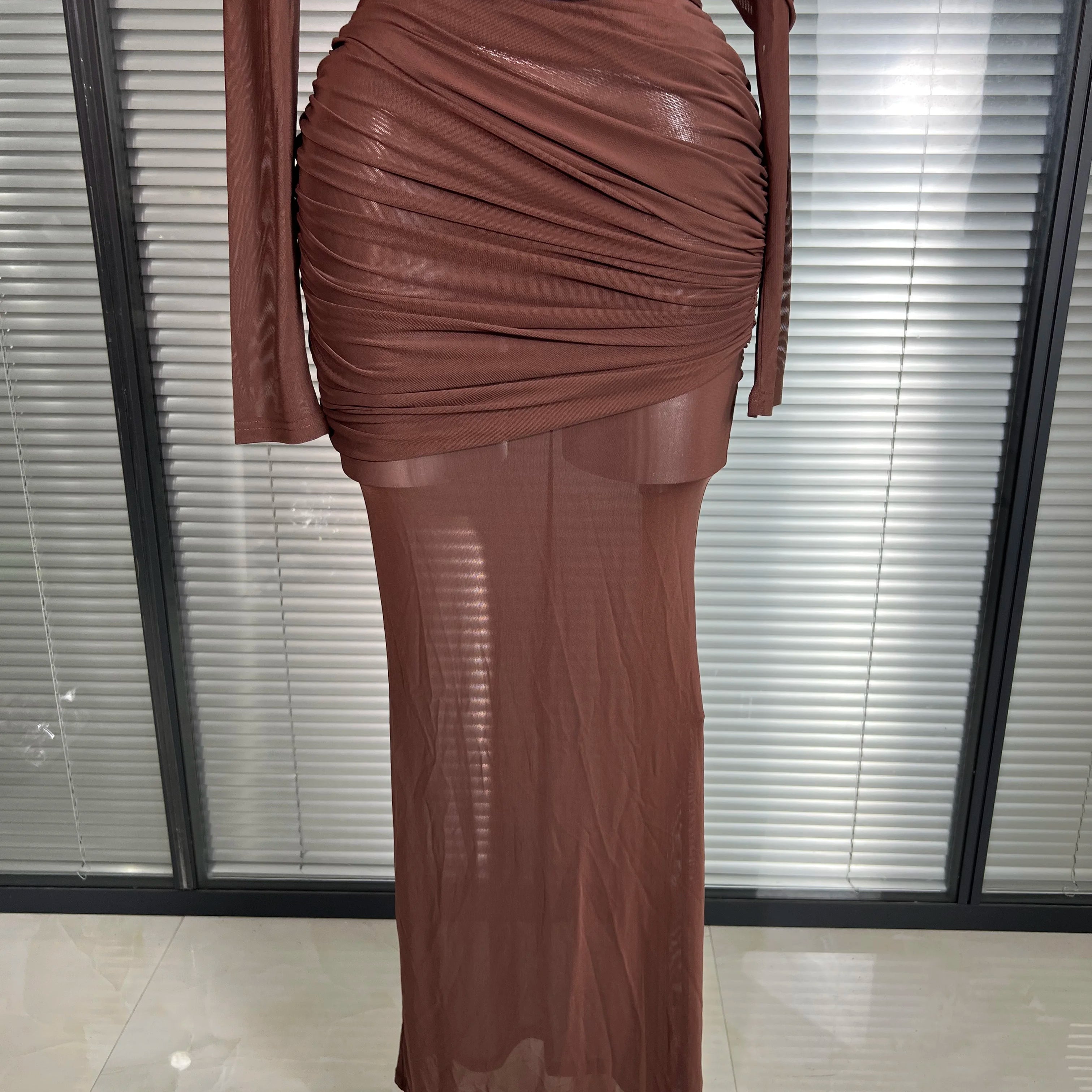Summer New Women Sexy Long Sleeve Lace Mesh Ruched Maxi Dress Brown High Street Party Dress