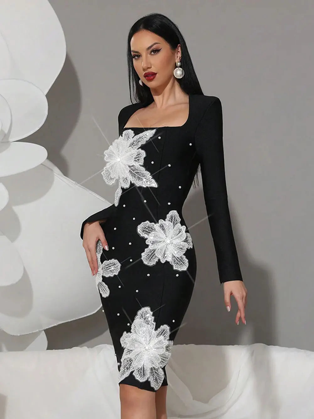 2025 Women's Light Luxury 3D Flower Design Bandage Dress Square Neck Long Sleeve Bodycon Flute Dress Evening Club Party Vestidos