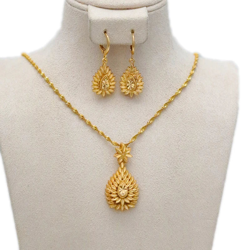 Dubai Jewelry Sets for Women 24k Gold Color Love Ethiopian African Heart Necklace Earrings Sets Arab Bridal Dowry Jewelry Ethiopia Jewelry 2
