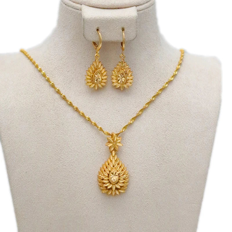 Dubai Jewelry Sets for Women 24k Gold Color Love Ethiopian African Heart Necklace Earrings Sets Arab Bridal Dowry Jewelry Ethiopia Jewelry 2