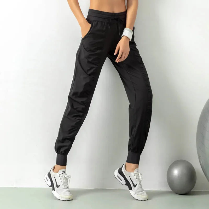 Fabric Drawstring Running Sport Joggers Women Quick Dry Athletic Gym Fitness Sweatpants with Two Side Pockets Exercise Pants Black