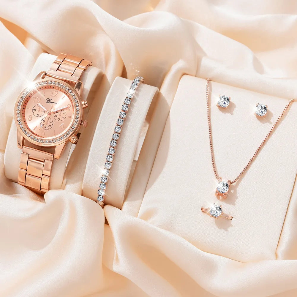 6 pçs conjunto de relógio de luxo feminino anel colar brincos strass moda relógio de pulso feminino casual senhoras relógios pulseira conjunto relógio 
