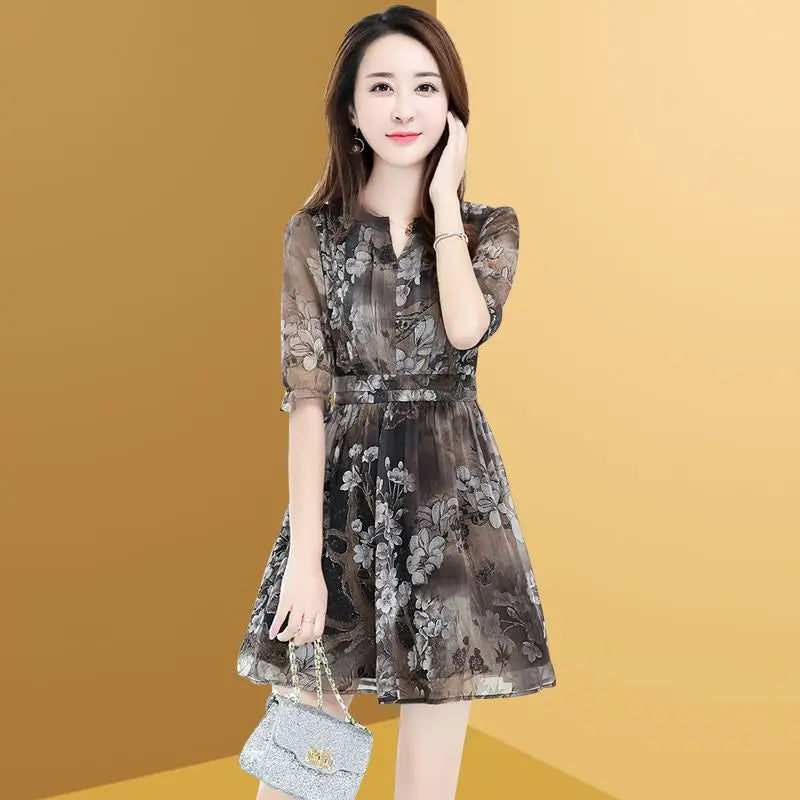 Elegant Printing Spliced Folds Chiffon Floral Dress Women Clothing 2024 Summer Loose Office Lady Butterfly Sleeve Mini Dress