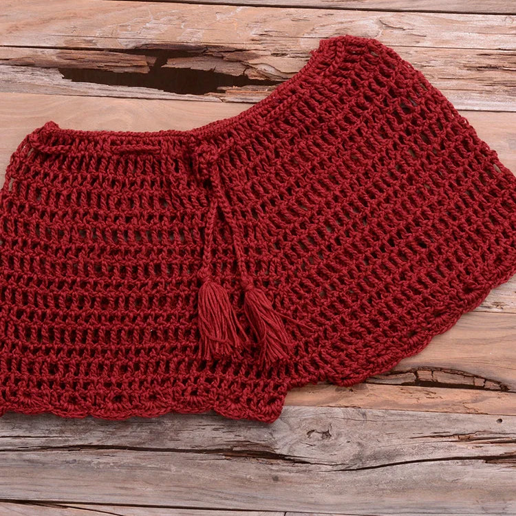 Crochet Hollow Out Tassel Beach Cover Up Sexy Women Mini Tops Beachwear Bikini Swimwear Bathing Suit Cover Up Wine Red Bottom One Size