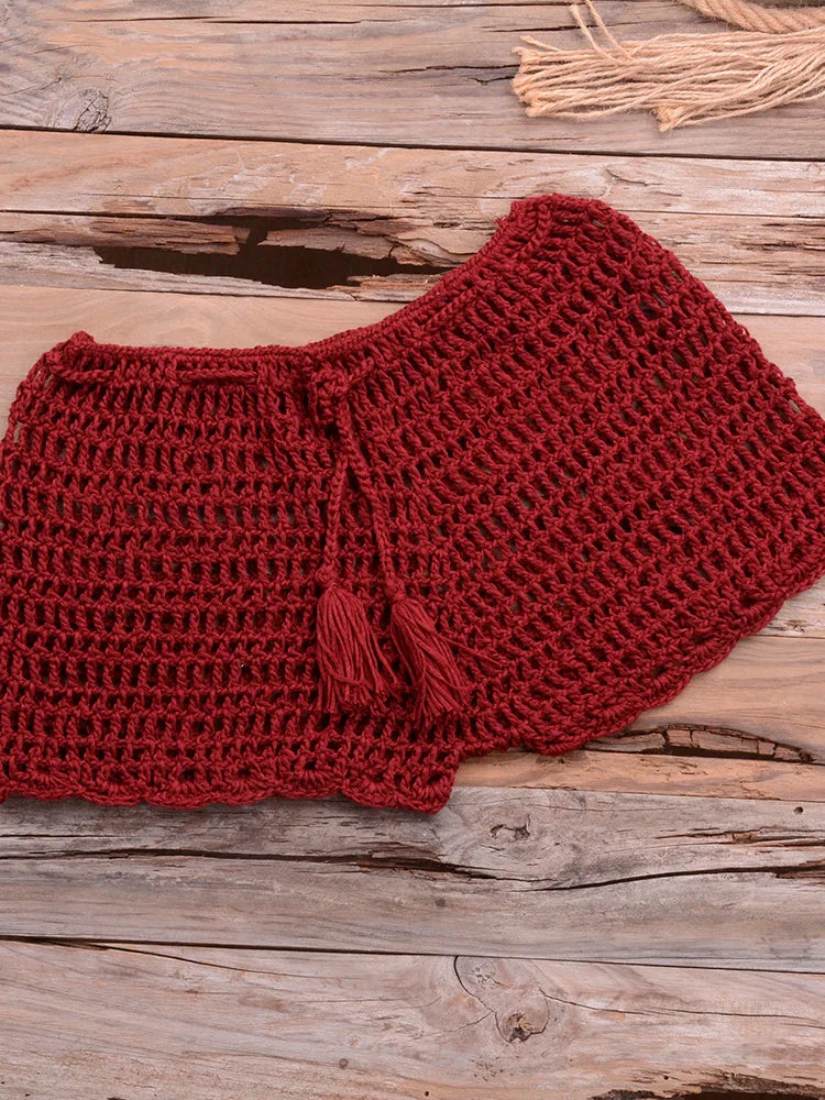 Crochet Hollow Out Tassel Beach Cover Up Sexy Women Mini Tops Beachwear Bikini Swimwear Bathing Suit Cover Up Wine Red Bottom One Size